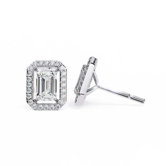 Emerald Cut Halo Diamond Stud Earrings For Timeless Elegance 925 Silver