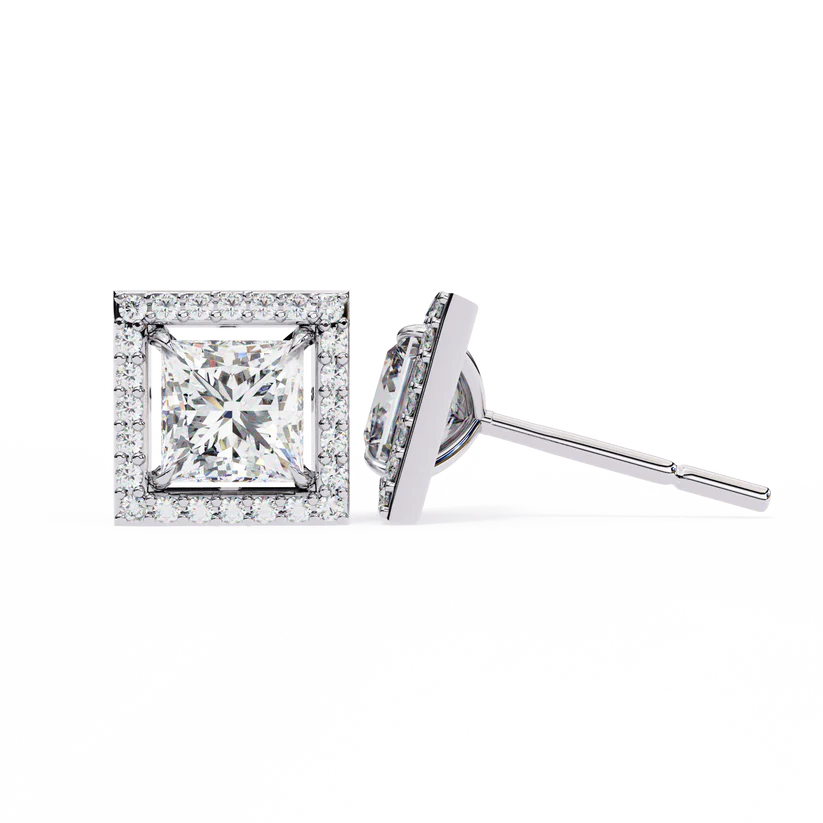 Princess Cut Halo Diamond Stud Earrings 925 Silver