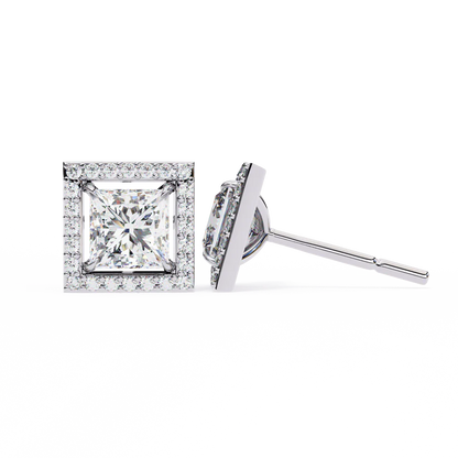 Princess Cut Halo Diamond Stud Earrings 925 Silver