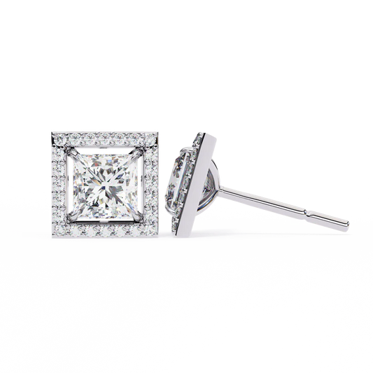 Princess Cut Halo Diamond Stud Earrings 925 Silver