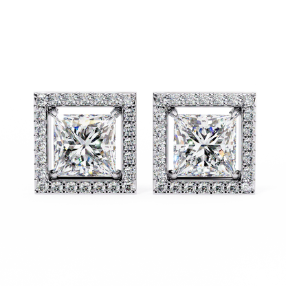 Princess Cut Halo Diamond Stud Earrings 925 Silver