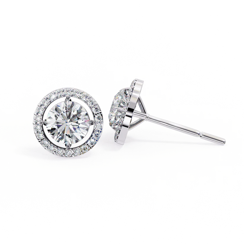 Round Halo Diamond Stud Earrings – Brilliant Cut with Pave Accents 925 Silver