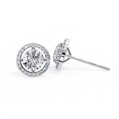 Round Halo Diamond Stud Earrings – Brilliant Cut with Pave Accents 925 Silver