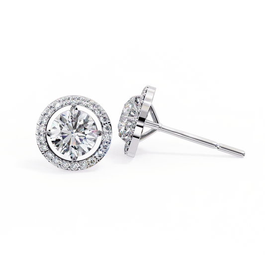 Round Halo Diamond Stud Earrings – Brilliant Cut with Pave Accents 925 Silver