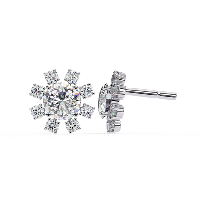 Sunburst Cluster Diamond Stud Earrings – Radiant Floral Design 925 Silver