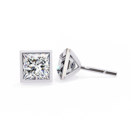Princess Cut Diamond Stud Earrings in Bezel Setting 925 Silver