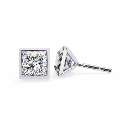 Princess Cut Diamond Stud Earrings in Bezel Setting 925 Silver