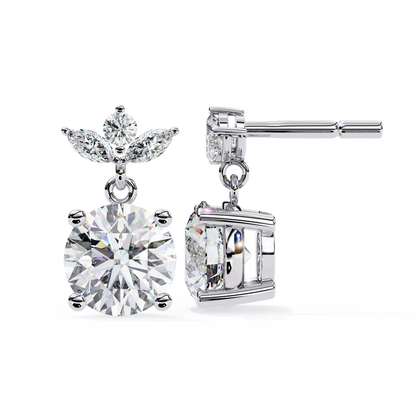 Round Diamond Drop Earrings with Marquise Halo 925 Silver
