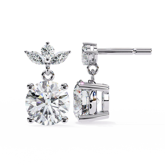 Round Diamond Drop Earrings with Marquise Halo 925 Silver