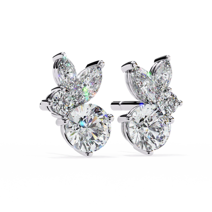 Round and Marquise Diamond Cluster Stud Earrings 925 Silver