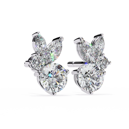 Round and Marquise Diamond Cluster Stud Earrings 925 Silver