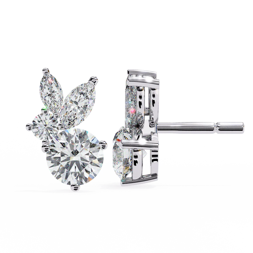 Round and Marquise Diamond Cluster Stud Earrings 925 Silver