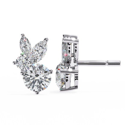 Round and Marquise Diamond Cluster Stud Earrings 925 Silver