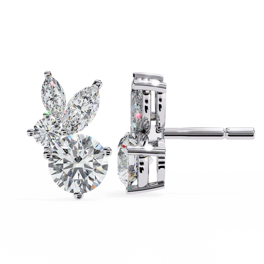 Round and Marquise Diamond Cluster Stud Earrings 925 Silver