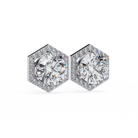 Elegant Hexagon Halo Round Diamond Stud Earrings 925 Silver