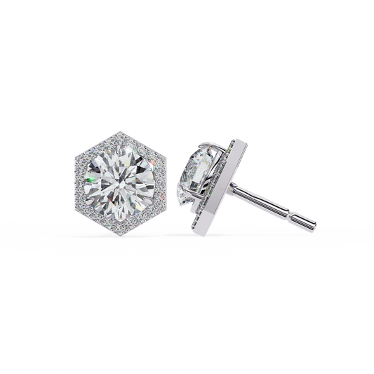 Elegant Hexagon Halo Round Diamond Stud Earrings 925 Silver