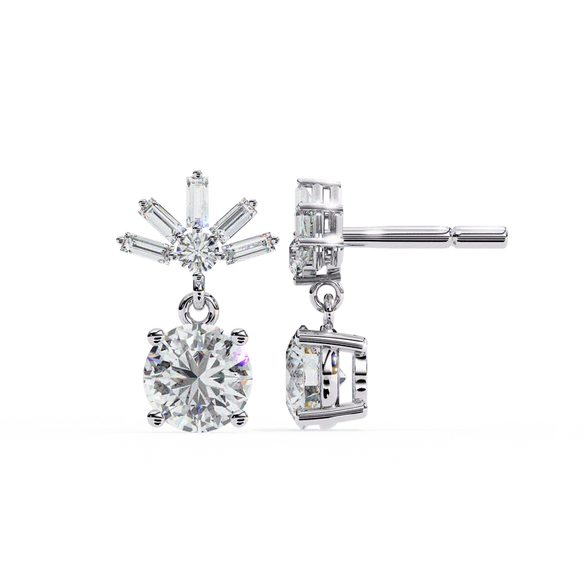 Stunning Round Diamond Drop Earrings Accented with a Baguette Halo 925 Silver