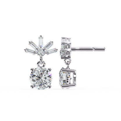 Stunning Round Diamond Drop Earrings Accented with a Baguette Halo 925 Silver