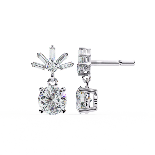 Stunning Round Diamond Drop Earrings Accented with a Baguette Halo 925 Silver