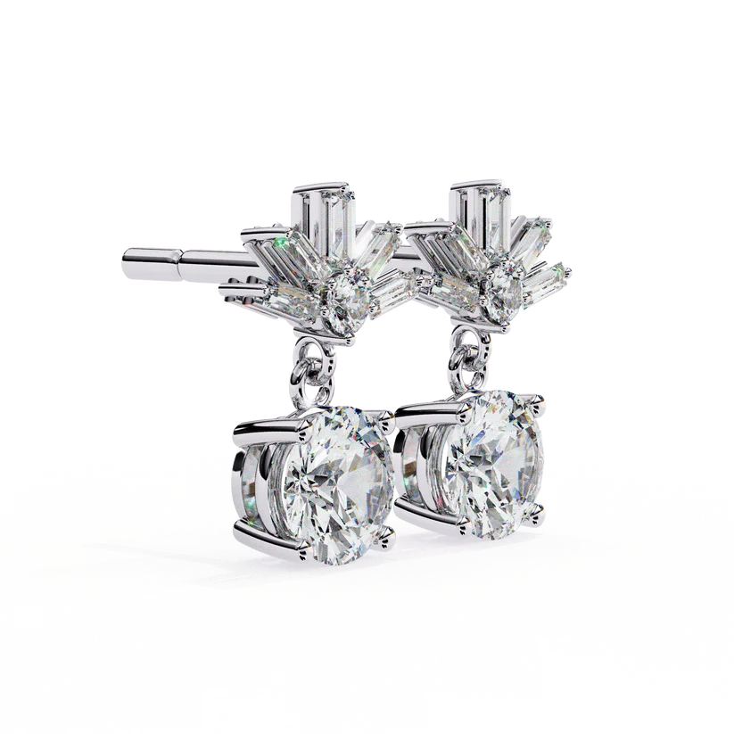 Stunning Round Diamond Drop Earrings Accented with a Baguette Halo 925 Silver