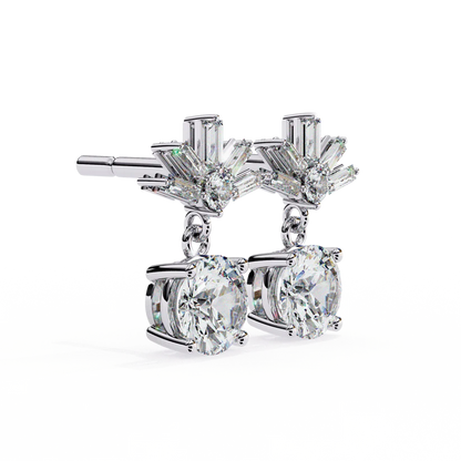 Stunning Round Diamond Drop Earrings Accented with a Baguette Halo 925 Silver