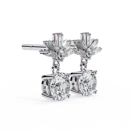 Stunning Round Diamond Drop Earrings Accented with a Baguette Halo 925 Silver