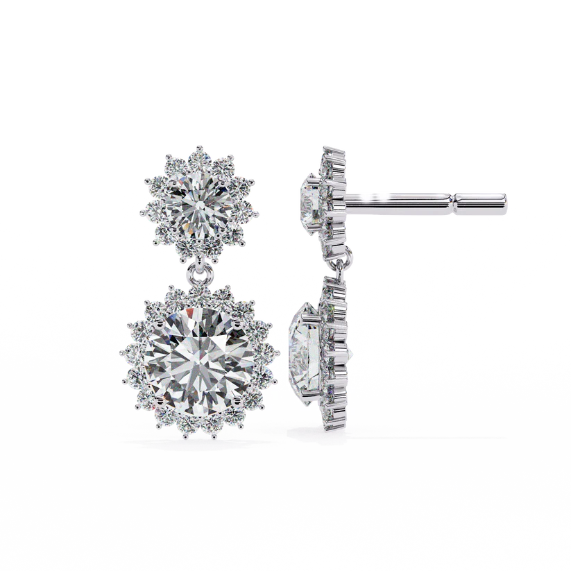 Double Halo Round Diamond Drop Earrings with Stud Back 925 Silver