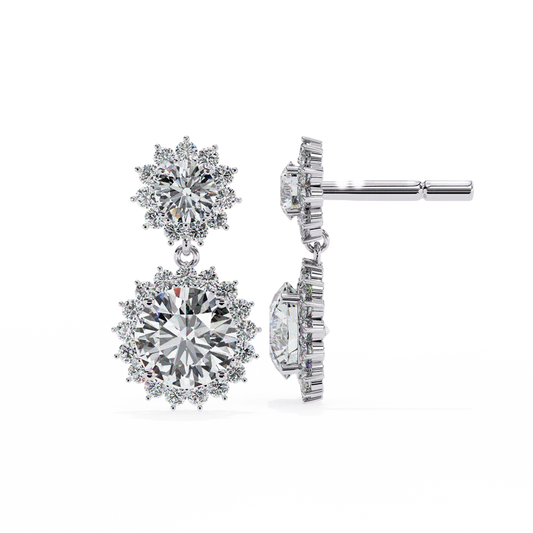 Double Halo Round Diamond Drop Earrings with Stud Back 925 Silver