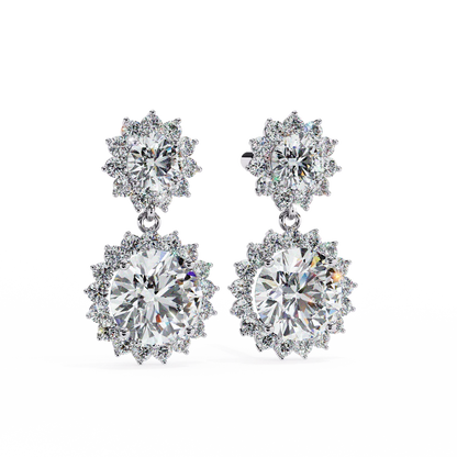 Double Halo Round Diamond Drop Earrings with Stud Back 925 Silver