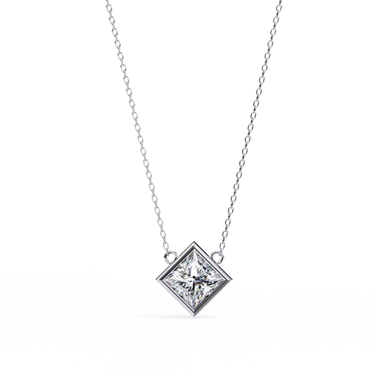 Princess Cut Diamond Bezel Pendant Necklace – Modern Geometric Solitaire in 925 Silver | Elegant Minimal Jewelry (0.70 CT)